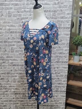 Charming Charlie Blue Floral Tank Floral Lattice- Neck Swing Midi Dress, Sz L